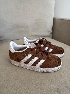 adidas Kids Brown Suede Sneakers with White Stripes